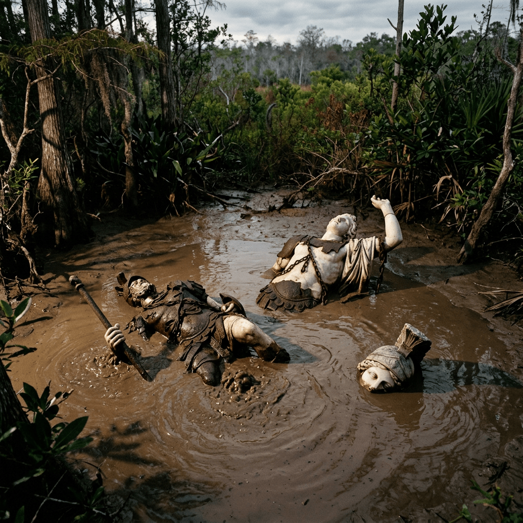 Submerged statues of Roman soldiers in muddy swamp, one head separated