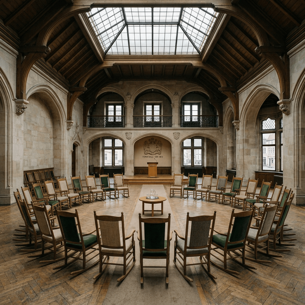 Large circular arrangement of wooden chairs in historic town hall with wooden podium and skylight