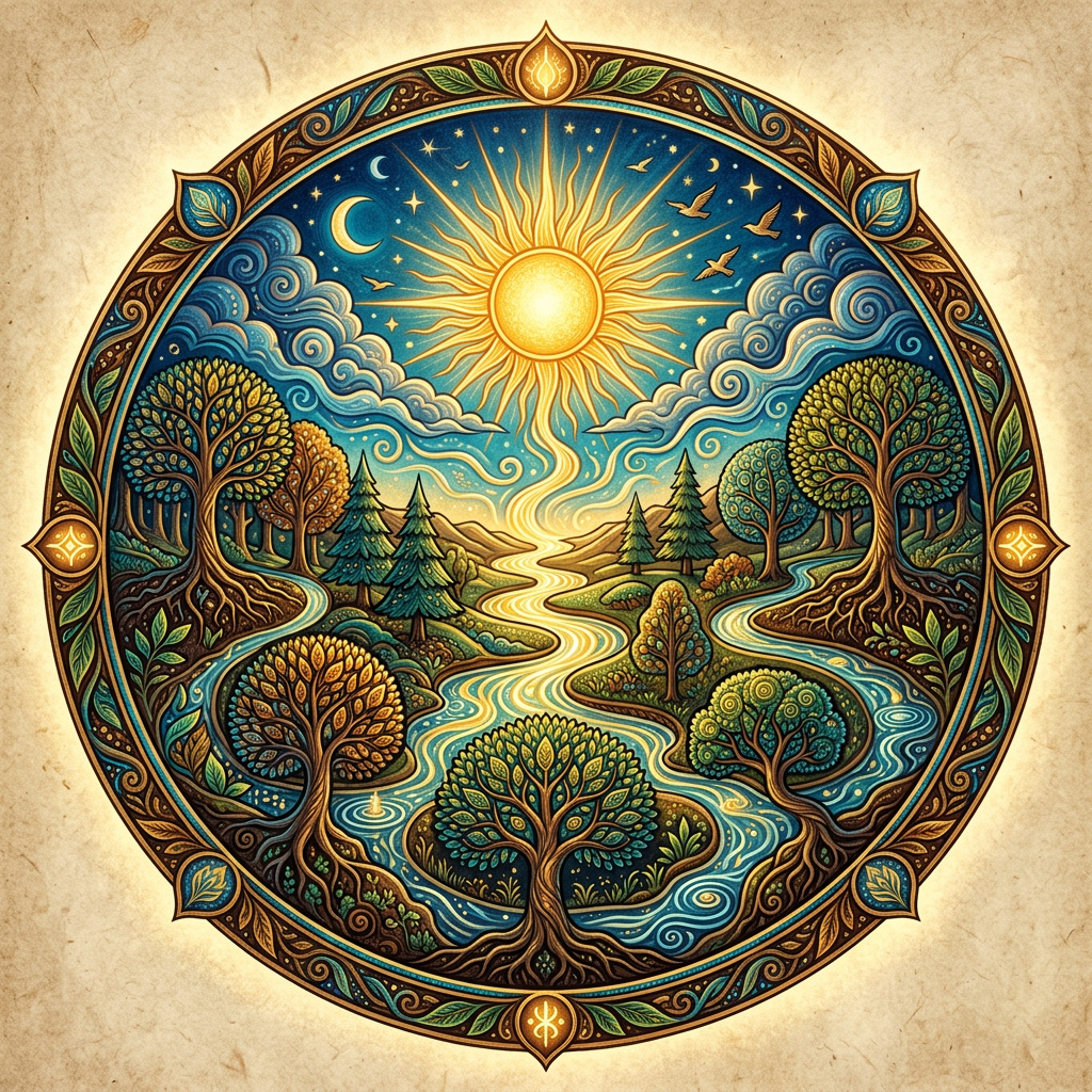 Circular mandala featuring sun, crescent moon, stars, birds, flowing river, trees, and ornamental border