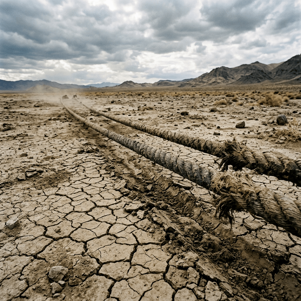 Two thick ropes lying on dry cracked desert soil with mountains in the background