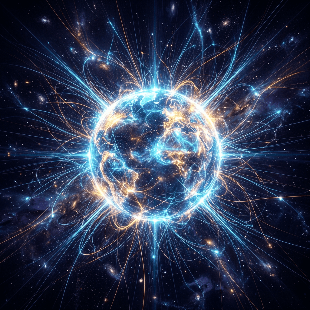 Earth with bright blue and orange glowing lines representing digital network connections