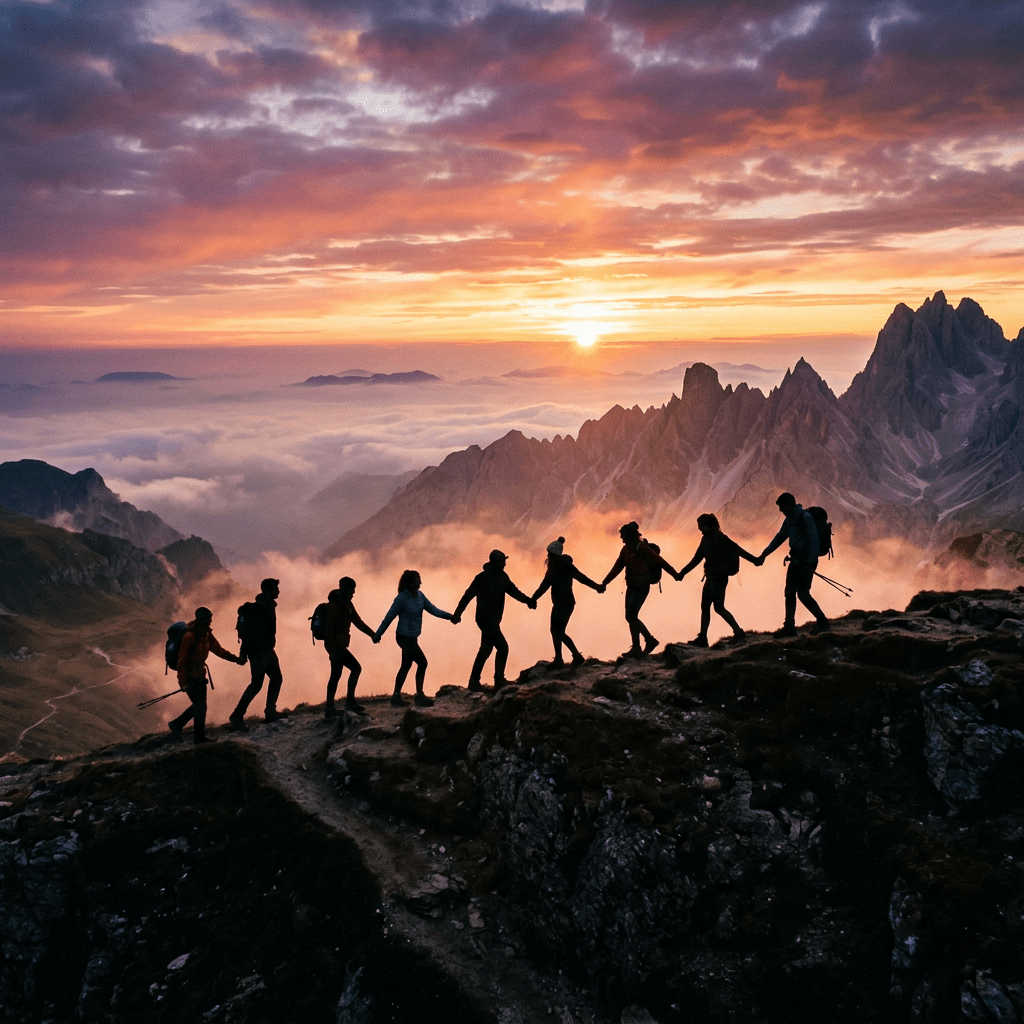 Silhouettes of hikers holding hands on a mountain ridge during sunrise