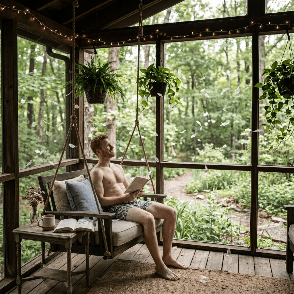 Cozy porch reading nook with open book, plants, and forest view