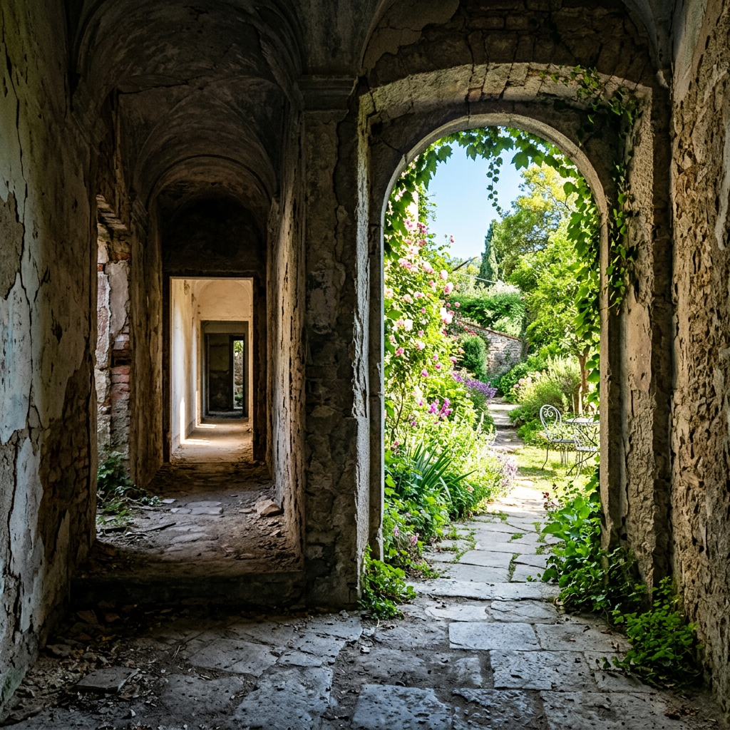 Weathered stone passage opening onto a flower-filled garden