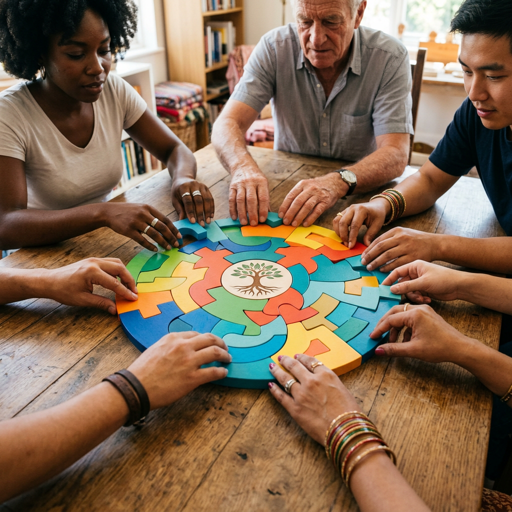 Six people assembling a colorful circular puzzle around a tree-of-life design