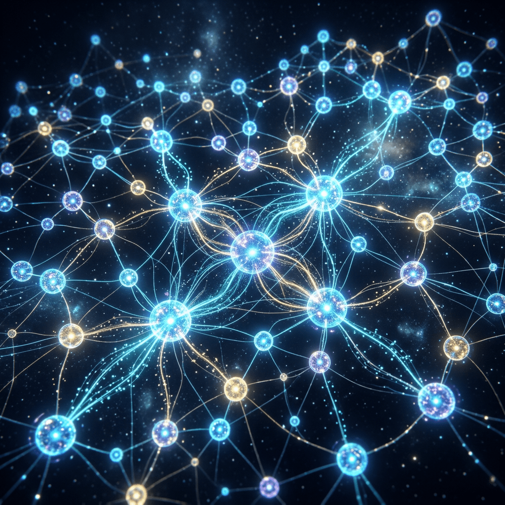 Glowing interconnected nodes and lines forming a network in space