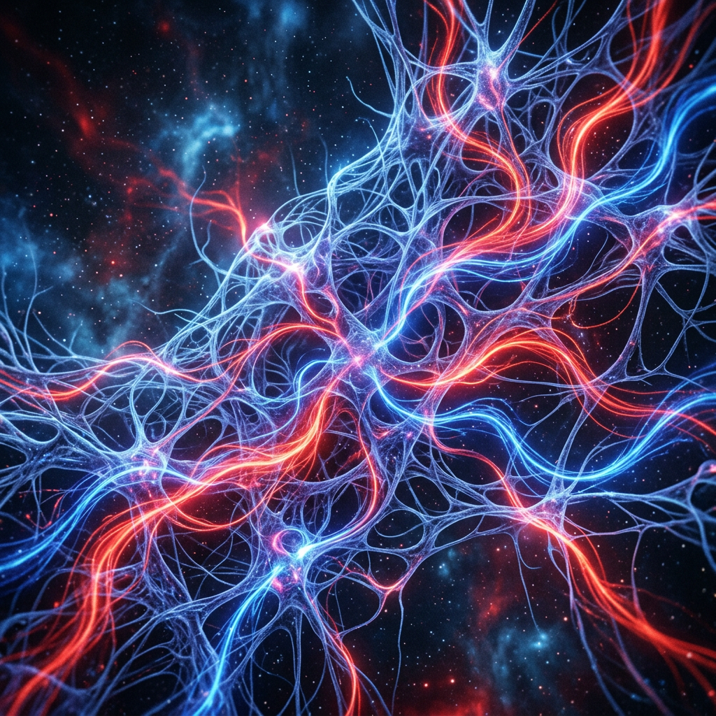 Glowing blue and red neural pathways against a star-filled cosmic background