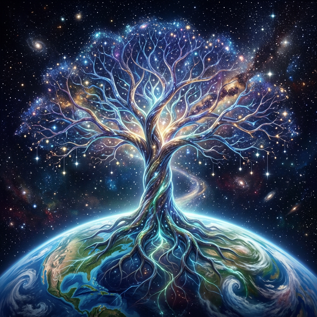 Luminous tree growing from Earth with branches spreading across a star-filled galaxy