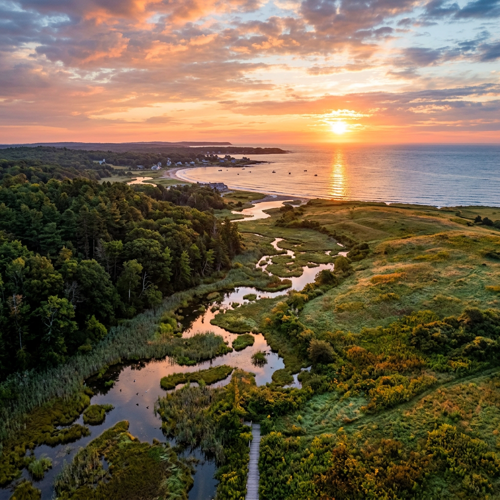 Coastal wetland winding toward a bay beneath a colorful sunset