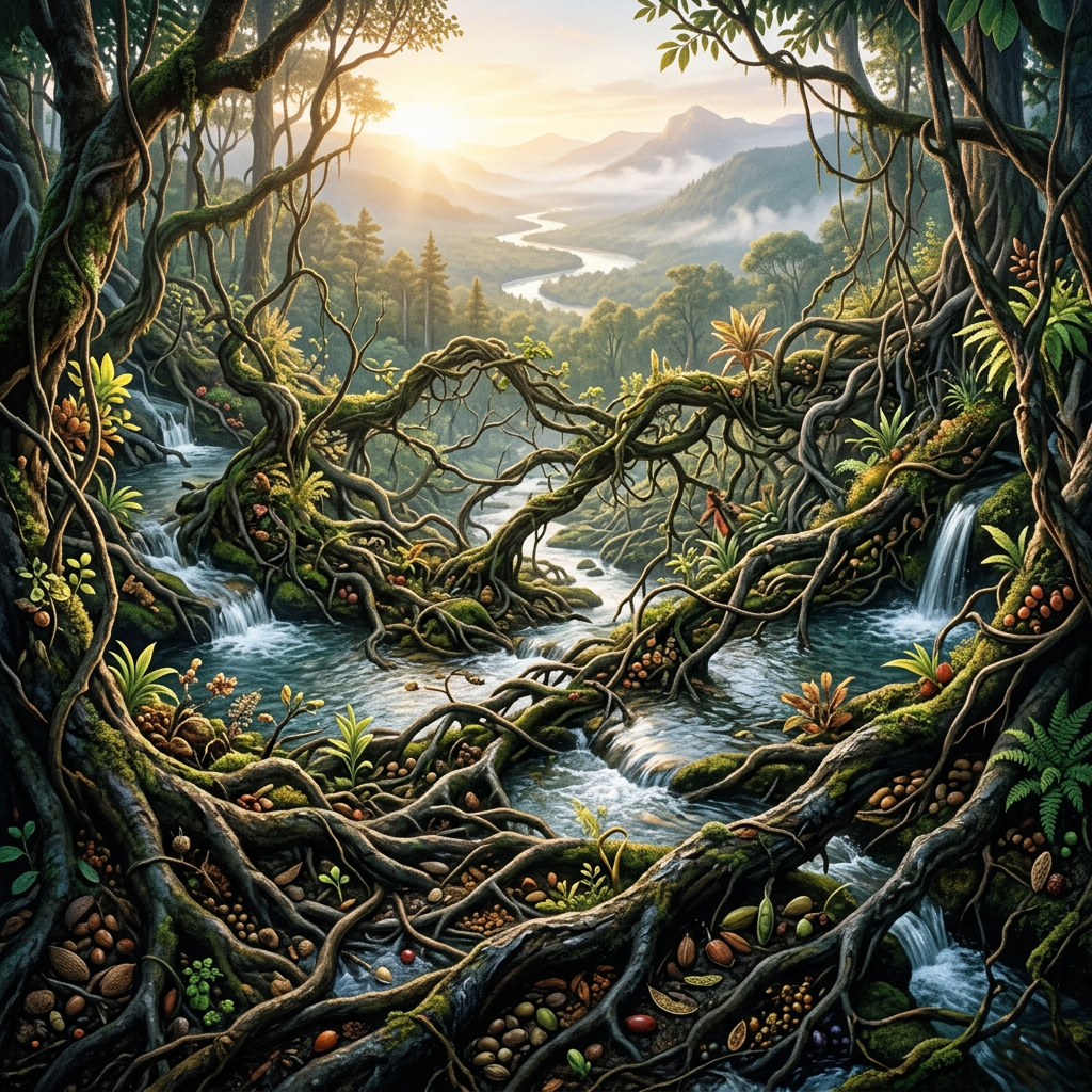 Lush forest stream flowing through tangled roots toward distant mountains at sunrise