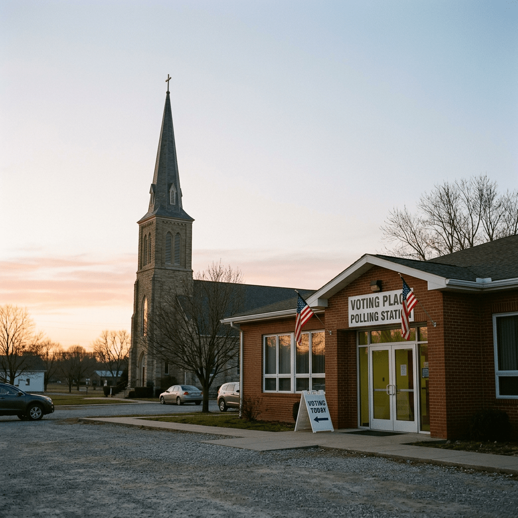 Polling station with voting signs and American flags beside a church