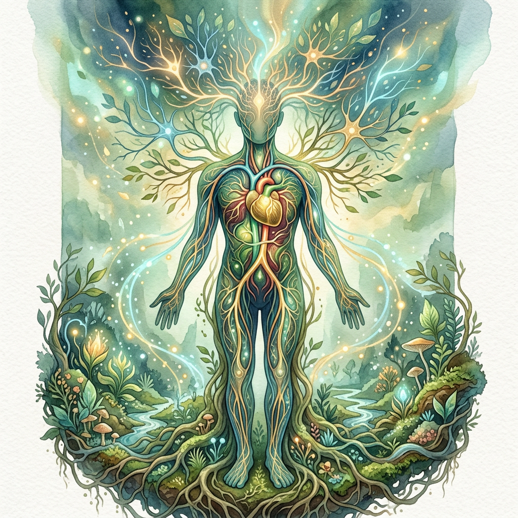 Human figure with tree branches, roots, glowing heart, and woodland landscape