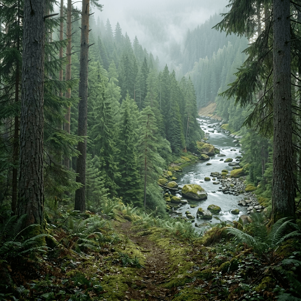 Moss-covered forest trail beneath trees with sunlight filtering through mist
