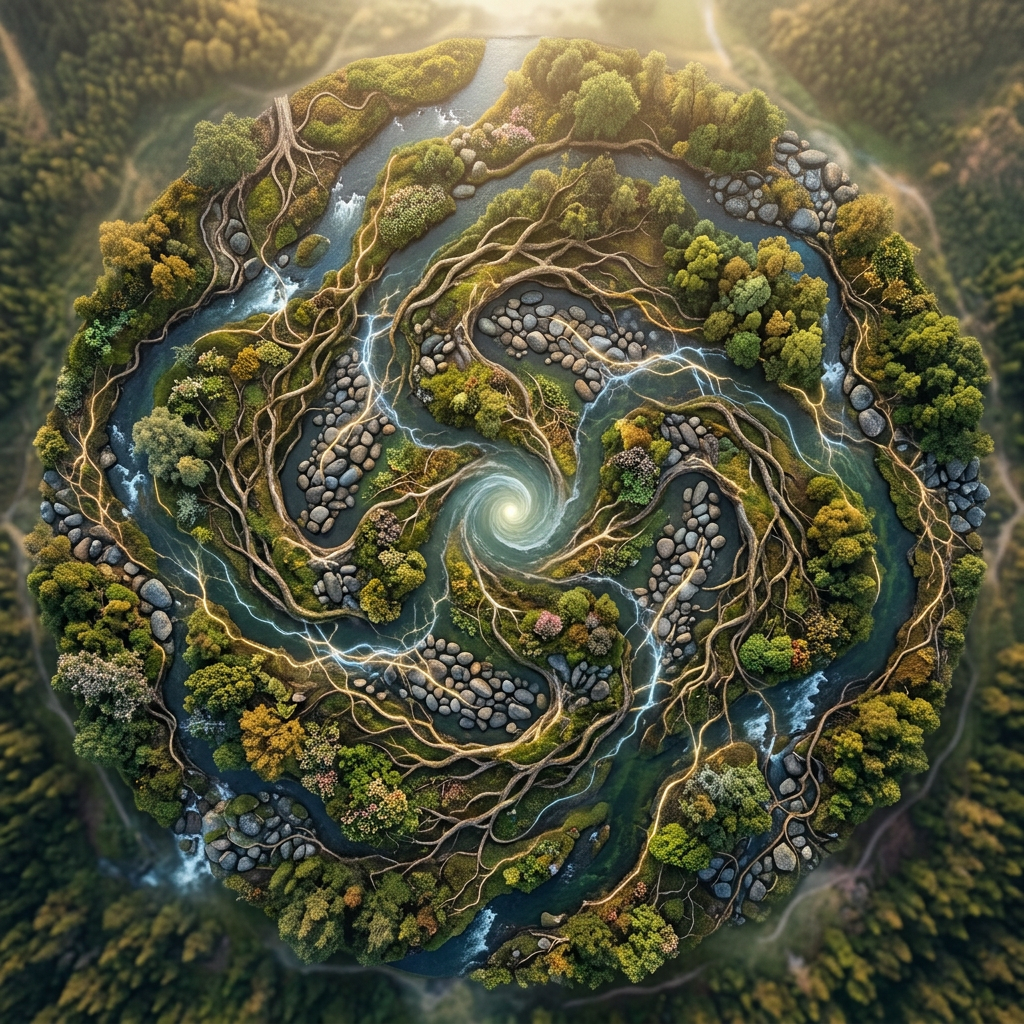 Circular forested watershed with winding rivers, stones, roots, and central whirlpool