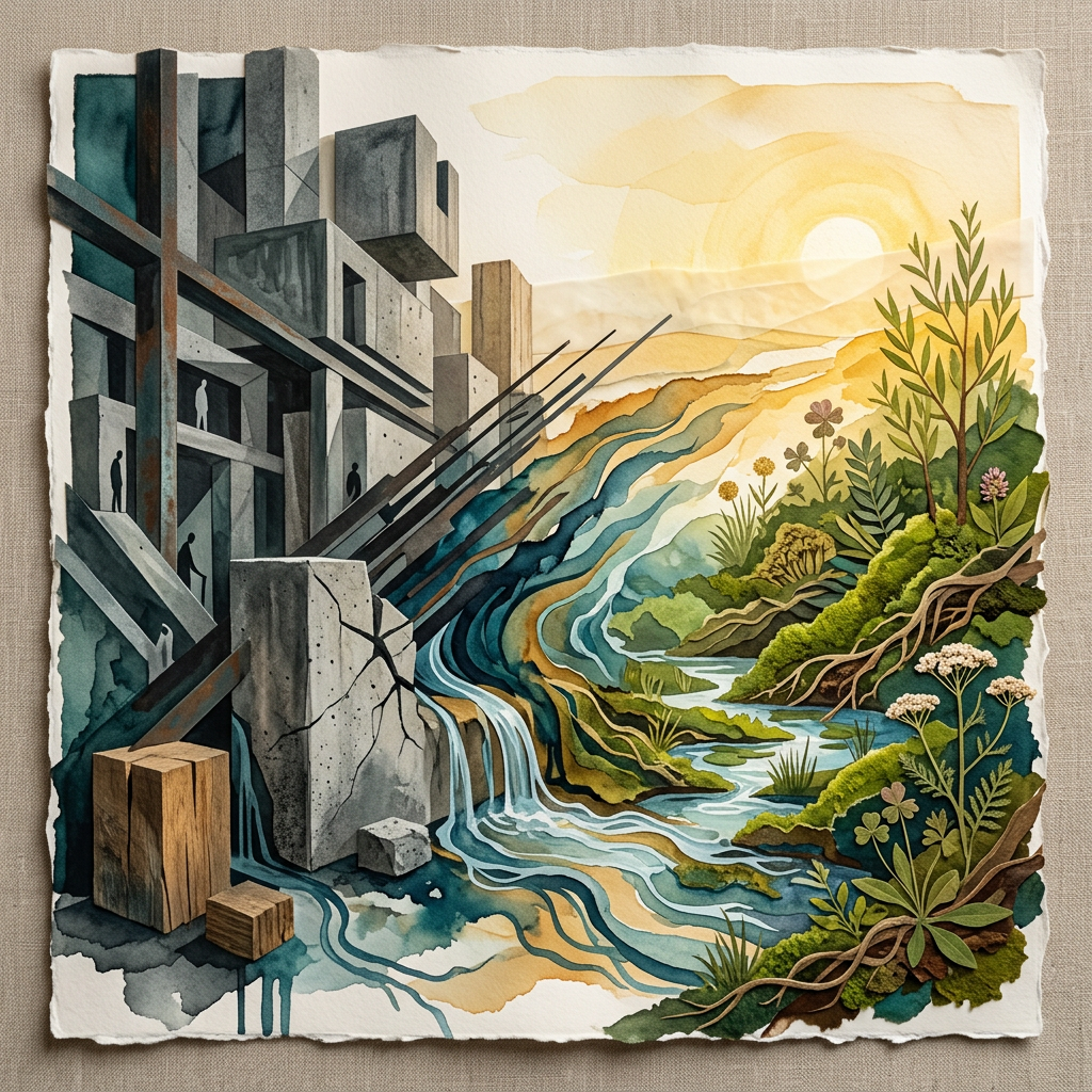 Watercolor contrasting concrete buildings with a lush river landscape