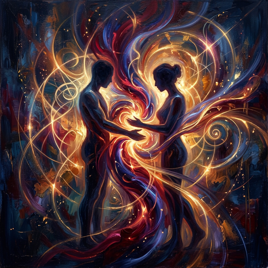 Two silhouetted figures entwined within swirling golden, red, and blue light