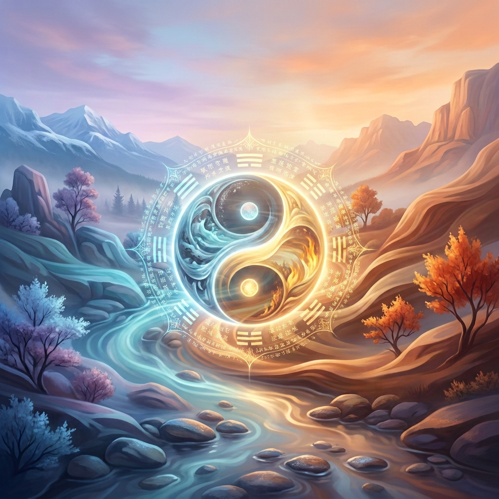 Luminous river winding through a mountain valley beneath a pastel sunset