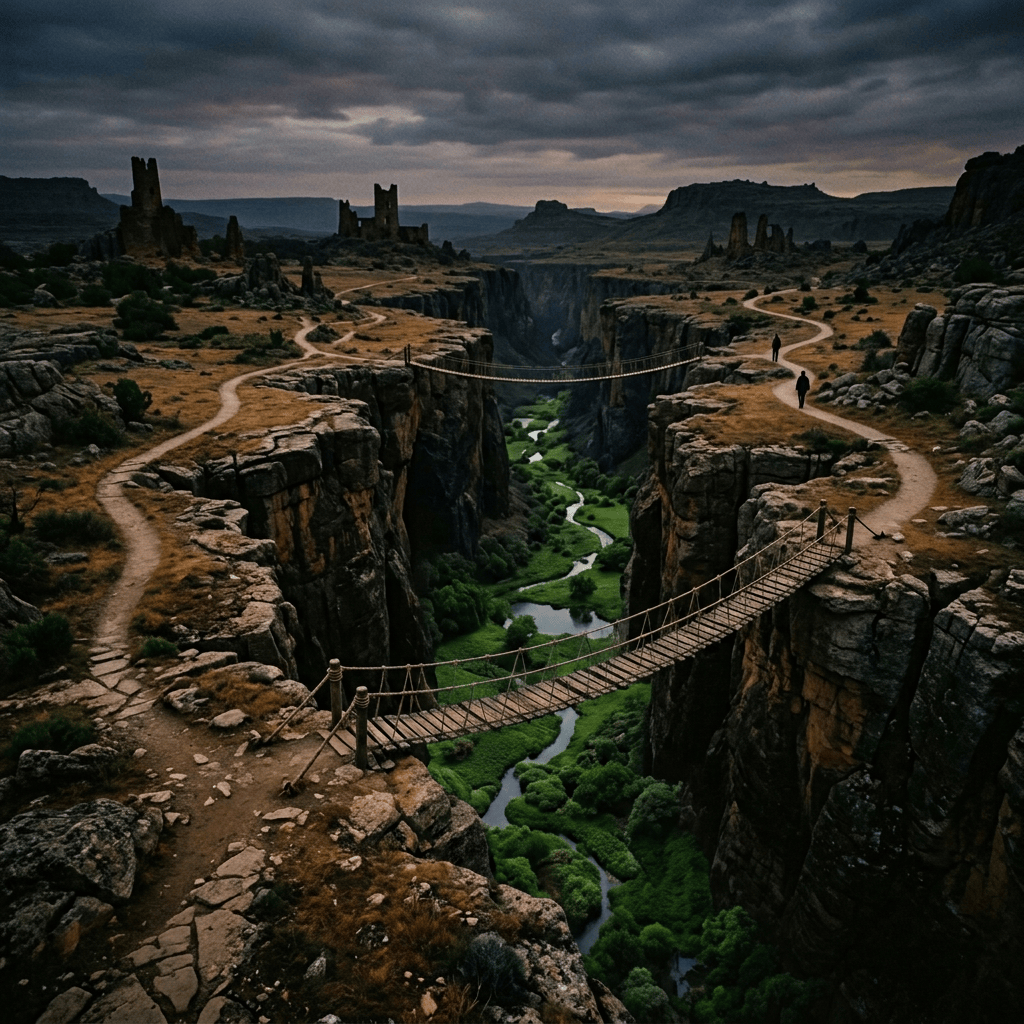 Suspension bridges crossing a deep canyon with castle ruins in the distance