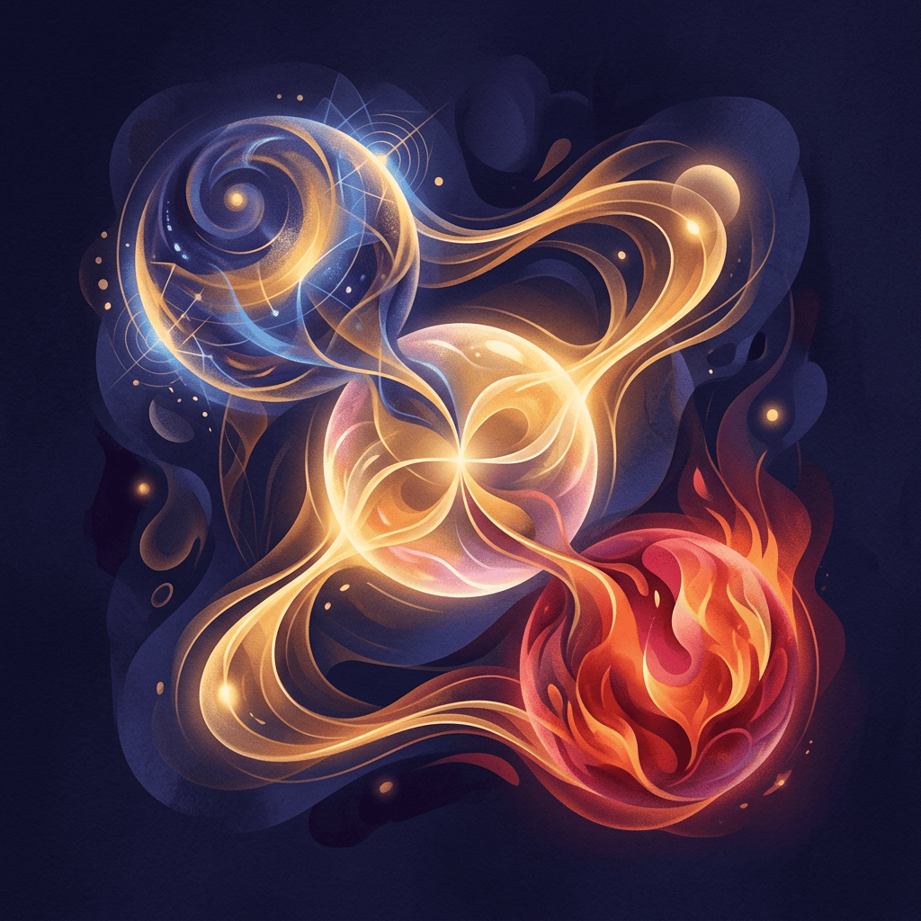 Abstract cosmic artwork with blue, golden, and red glowing orbs