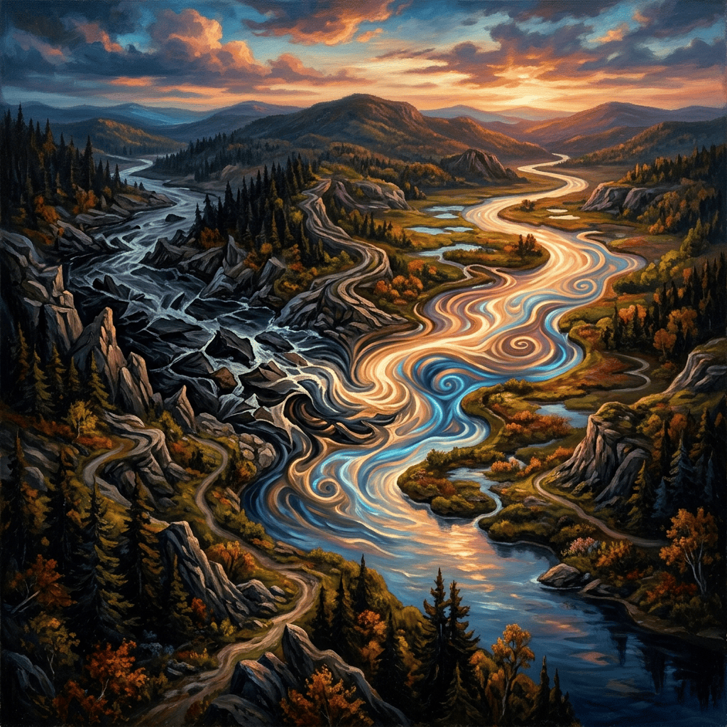 A winding river flows through autumn forests and rugged mountains at sunset