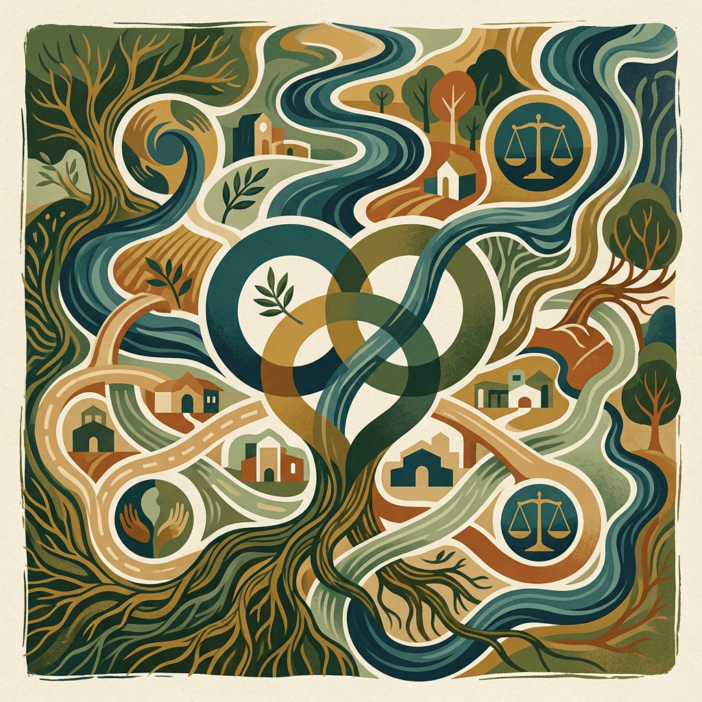 Abstract illustration of waterways, homes, trees, roads, leaves, and justice scales