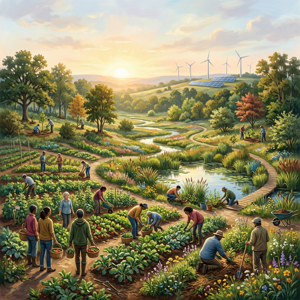 Community gardeners tending crops beside a pond with solar panels and wind turbines