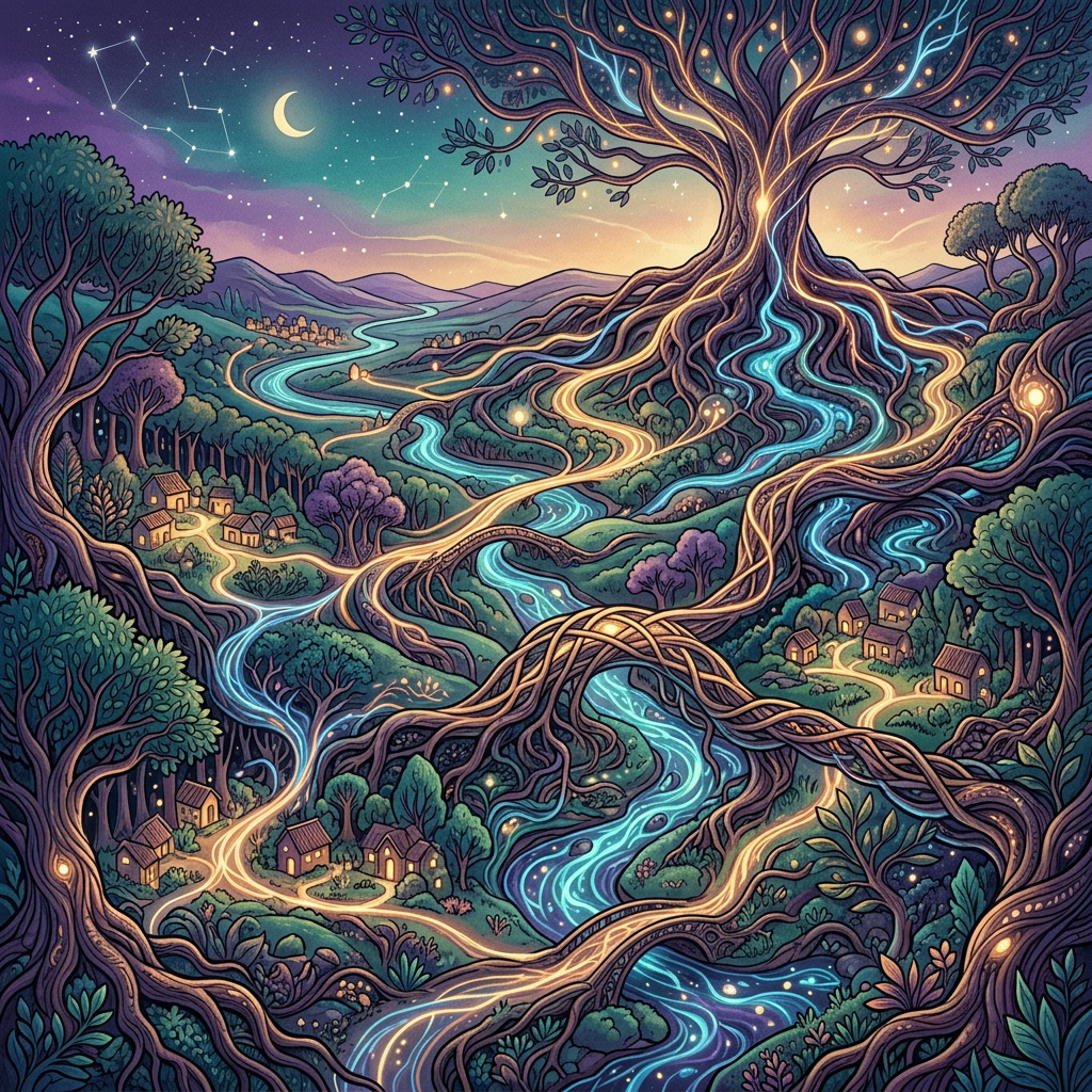 Enchanted valley with a glowing tree, winding rivers, paths, villages, stars, and crescent moon