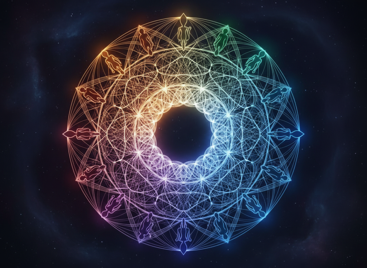A symbolic, contemplative illustration representing the balance between cooperation and competition, yin and yang, individual and collective.