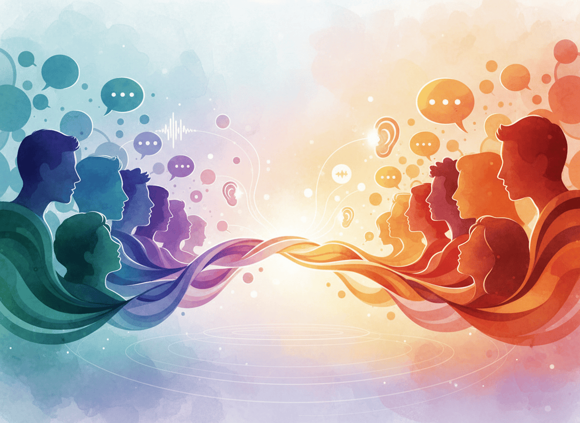 Abstract symbolic illustration of dialogue across differences — two groups of diverse silhouettes facing each other across a bridge or open space, warm and cool colors meeting in the middle, representing bridge-building, listening, and conversation between people with different perspectives. Soft, hopeful, painterly style.