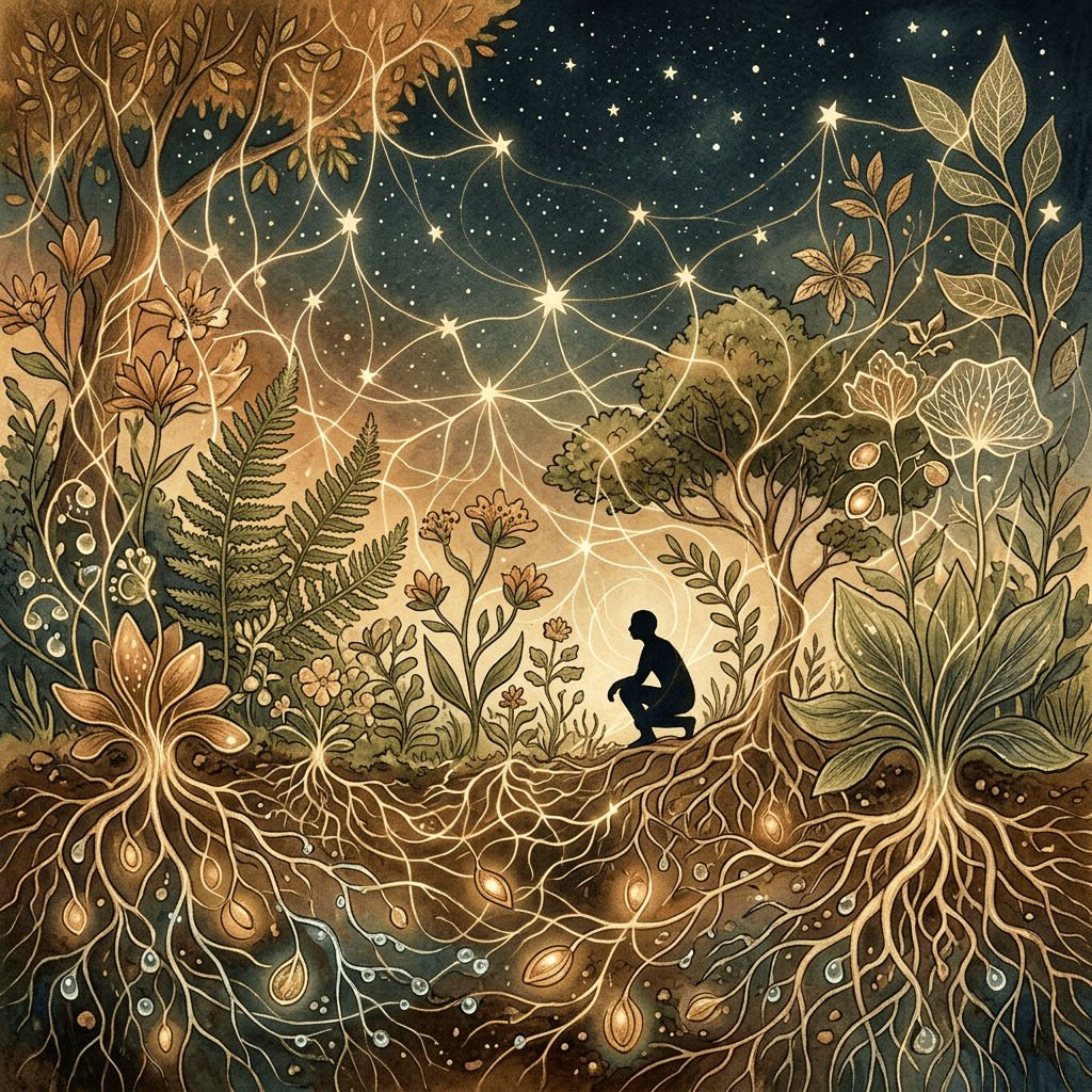 Silhouetted person among plants beneath stars and interconnected underground roots