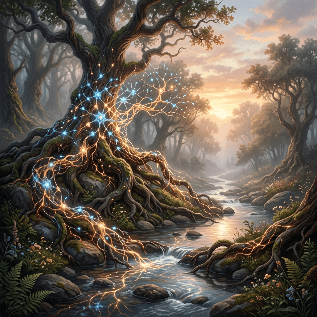 Ancient tree with glowing blue and gold energy roots beside a forest stream
