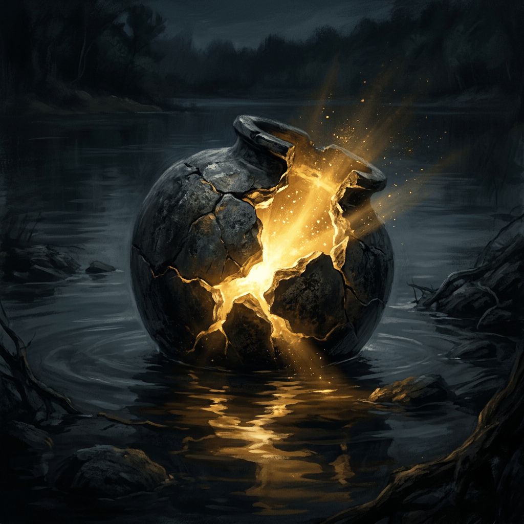 Cracked stone vessel radiating golden light