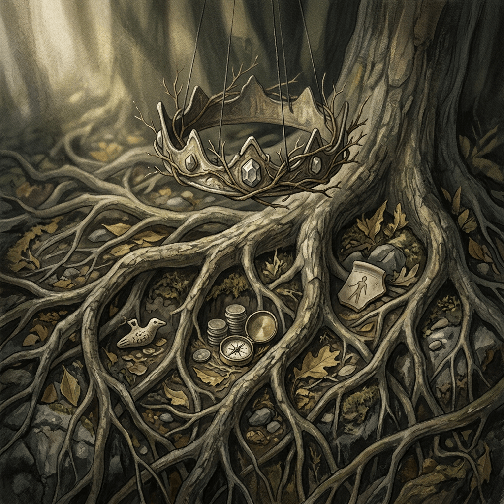 Antlered crown, coins, compass, map, and bird carving among tree roots