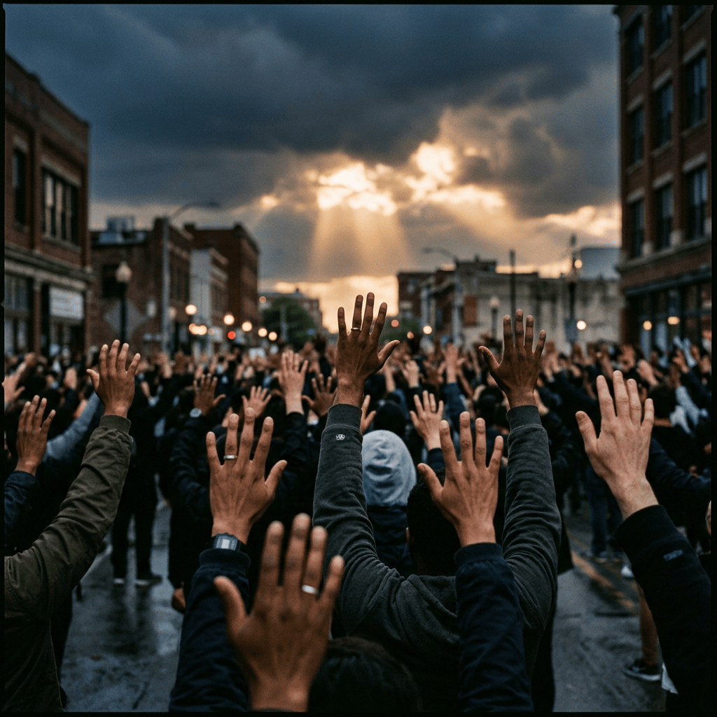 Crowd raising hands in a city street beneath sunlit storm clouds