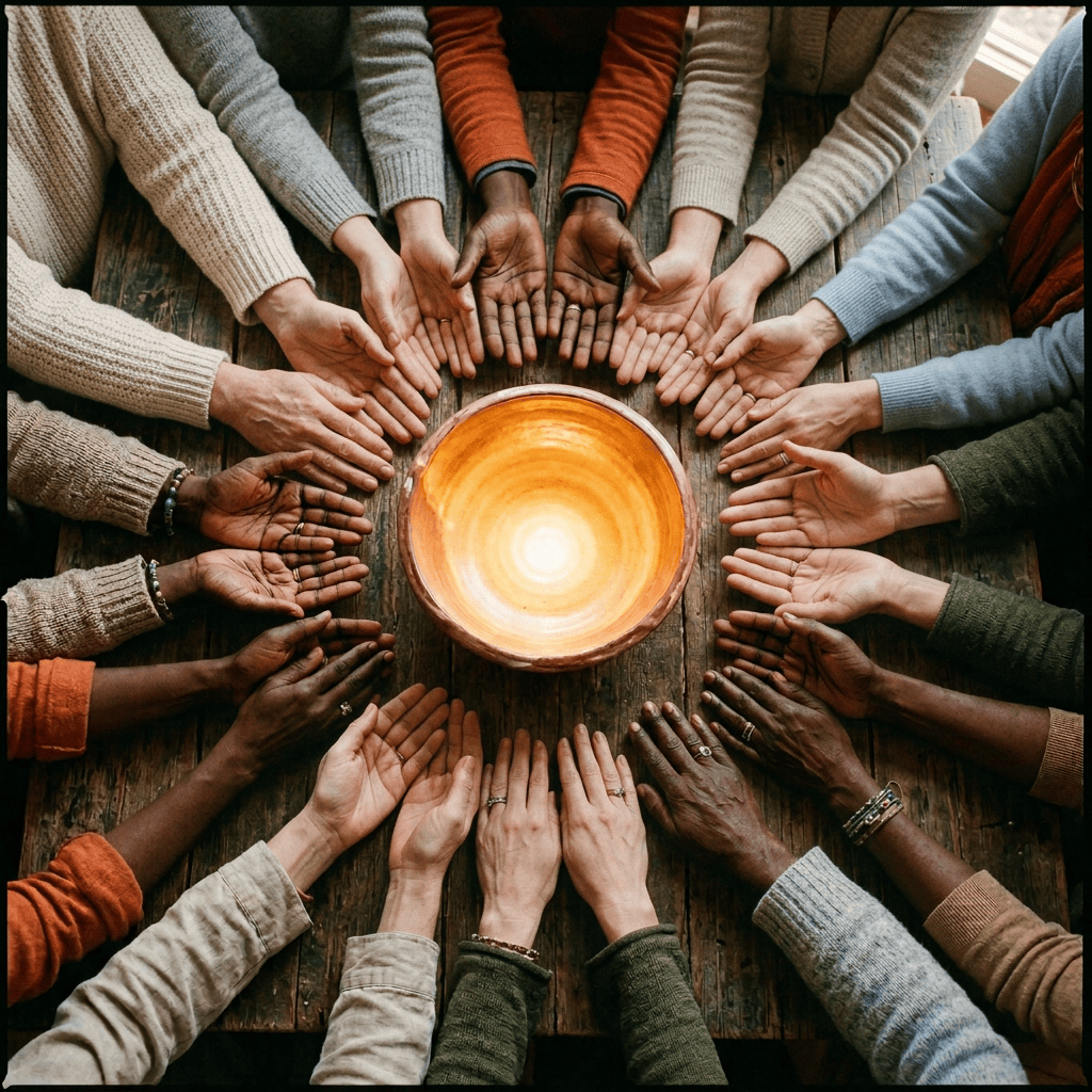 Many hands forming a circle around an empty bowl on a wooden table