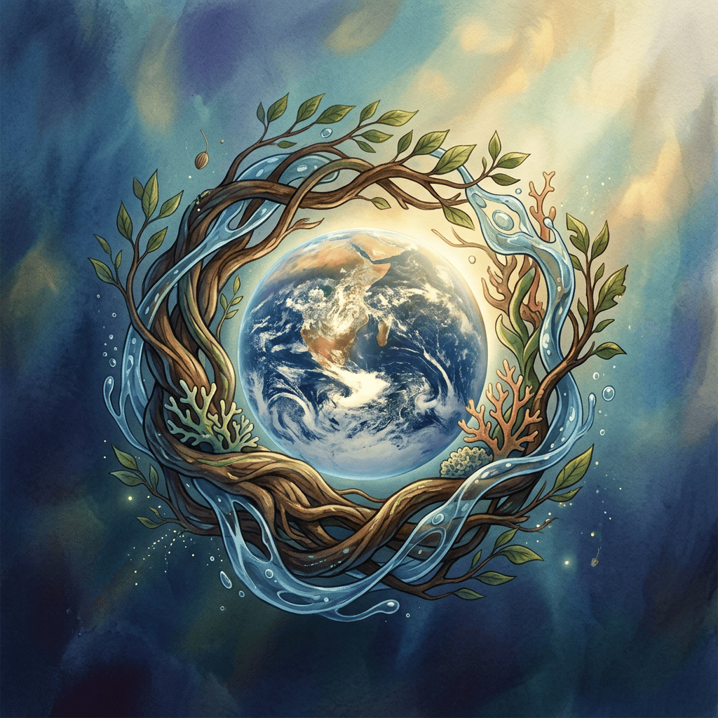 Earth surrounded by roots, leaves, flowing water, and coral
