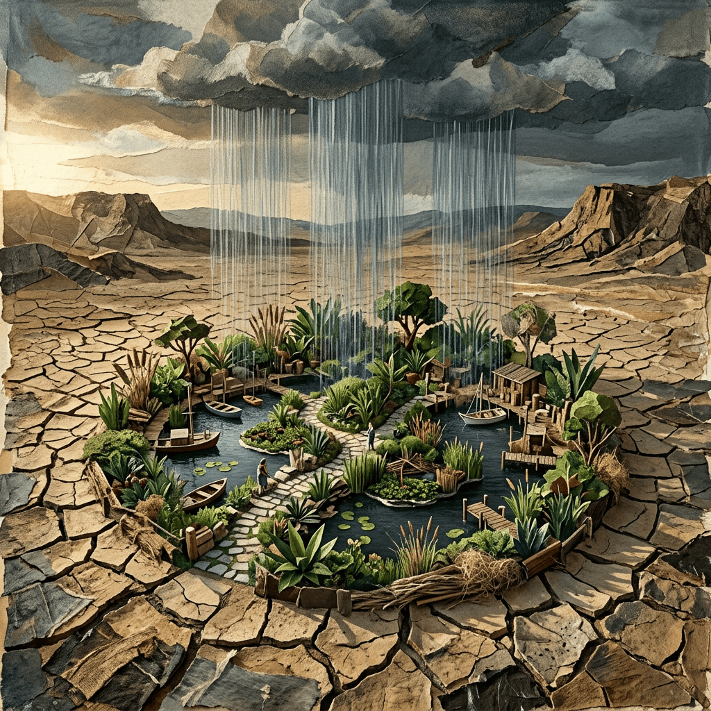 Lush wetland oasis with ponds, boats, plants, and falling rain amid cracked desert