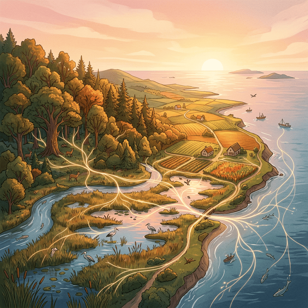 Illustrated coastal landscape with forest, farms, wetlands, boats, and wildlife