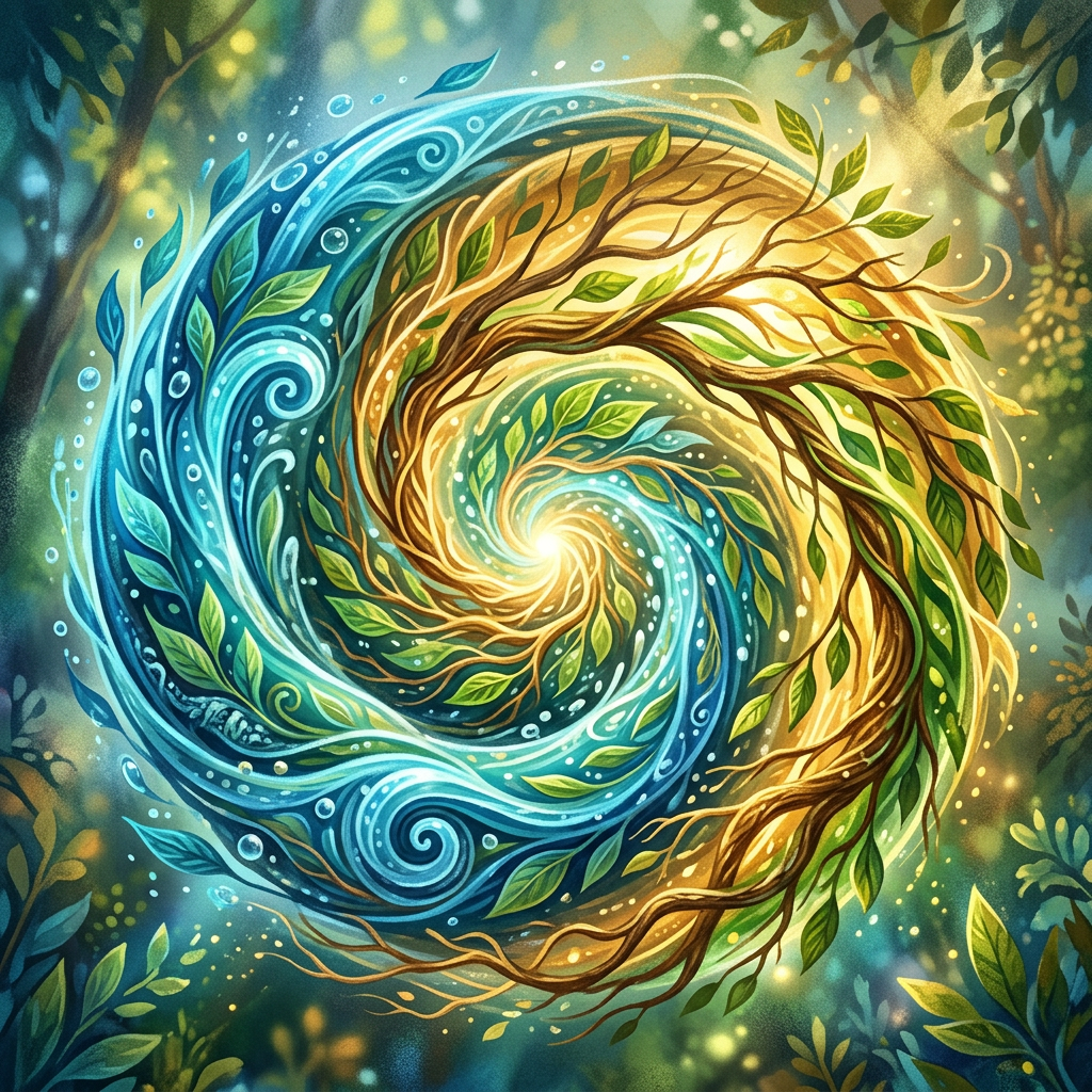 Spiral of blue water and golden branches with green leaves