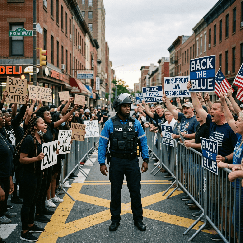 Police officer between protesters holding Black Lives Matter and Back the Blue signs