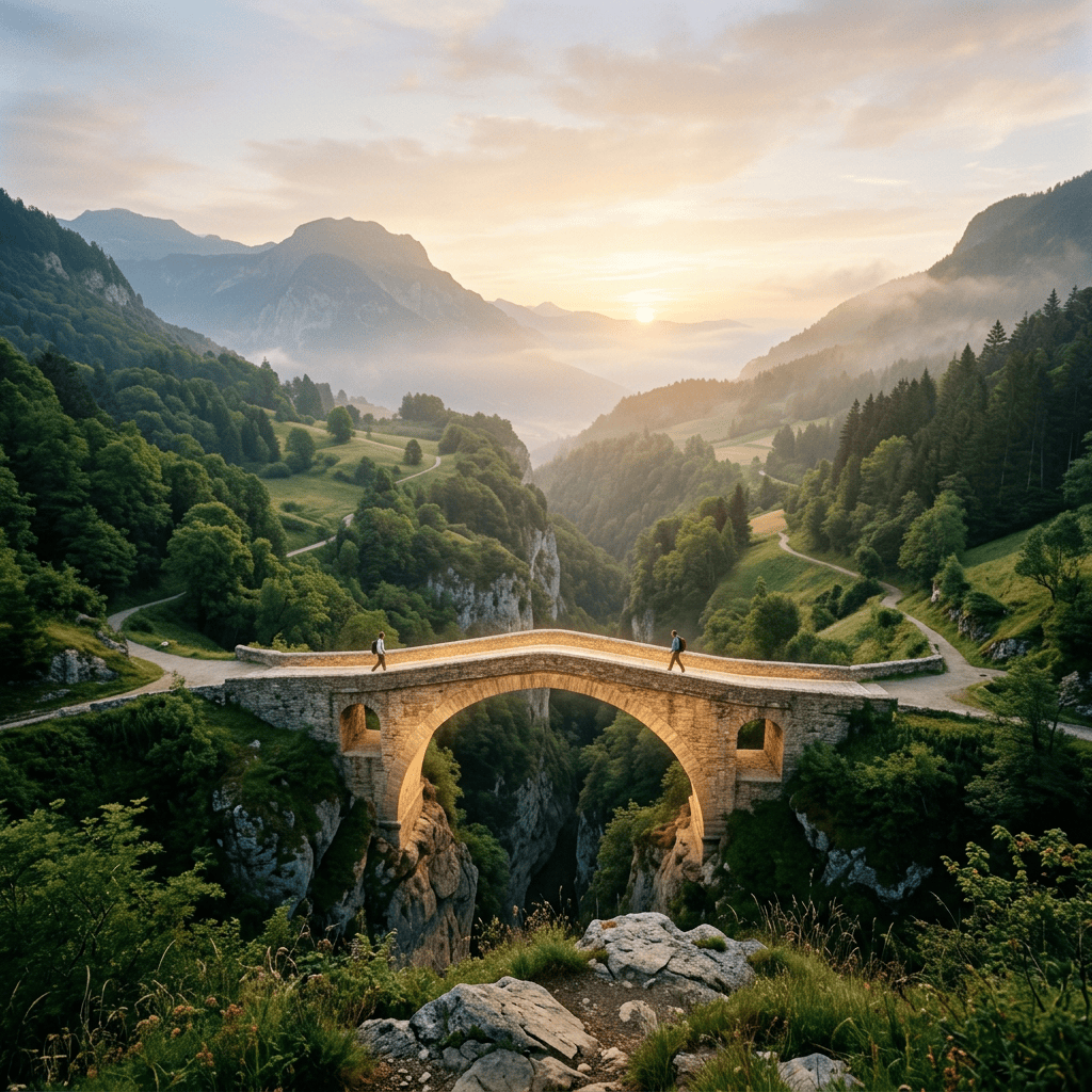 Stone bridge spanning a forested alpine gorge at sunrise