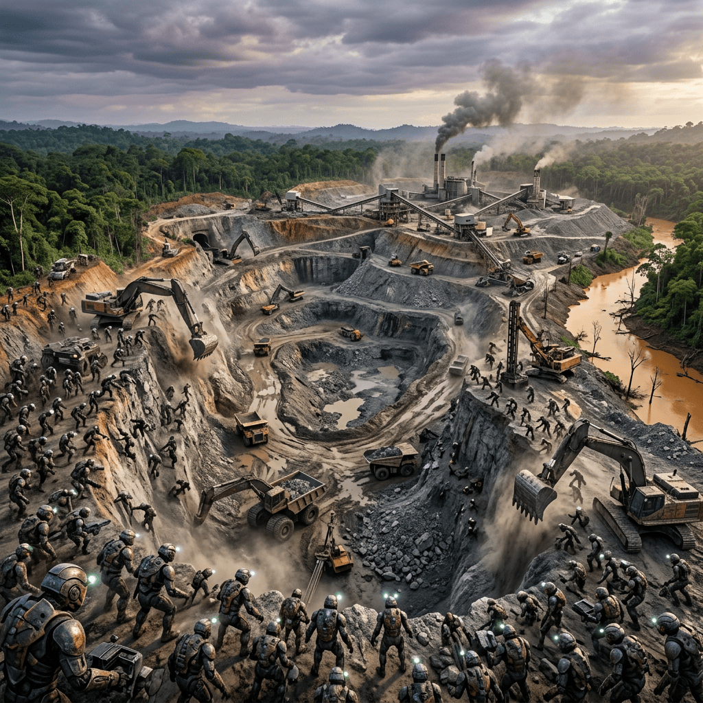 Armored workers and machinery operating in a forested open-pit mine