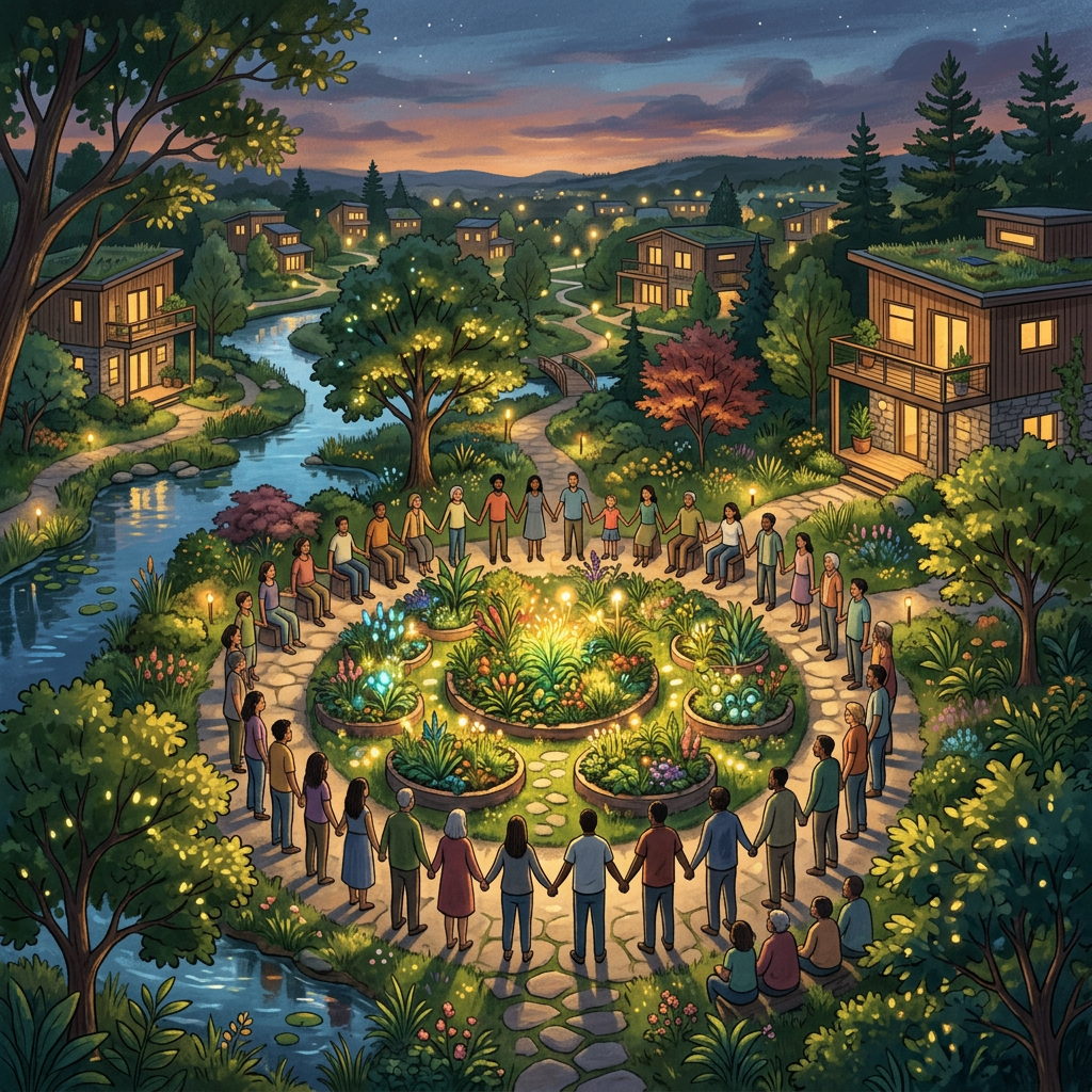 Neighbors holding hands around a flower-filled community garden at twilight