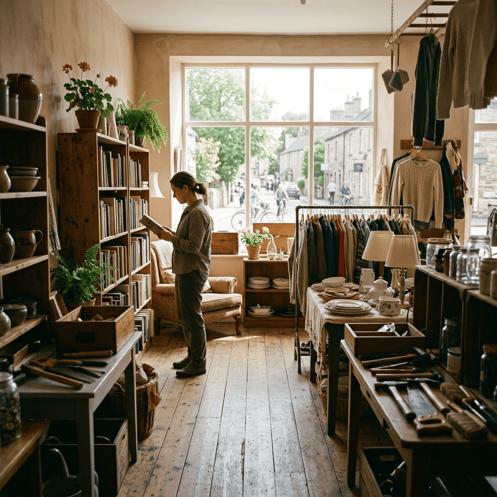 Person browsing a book in a shop filled with books, clothing, dishes, and tools