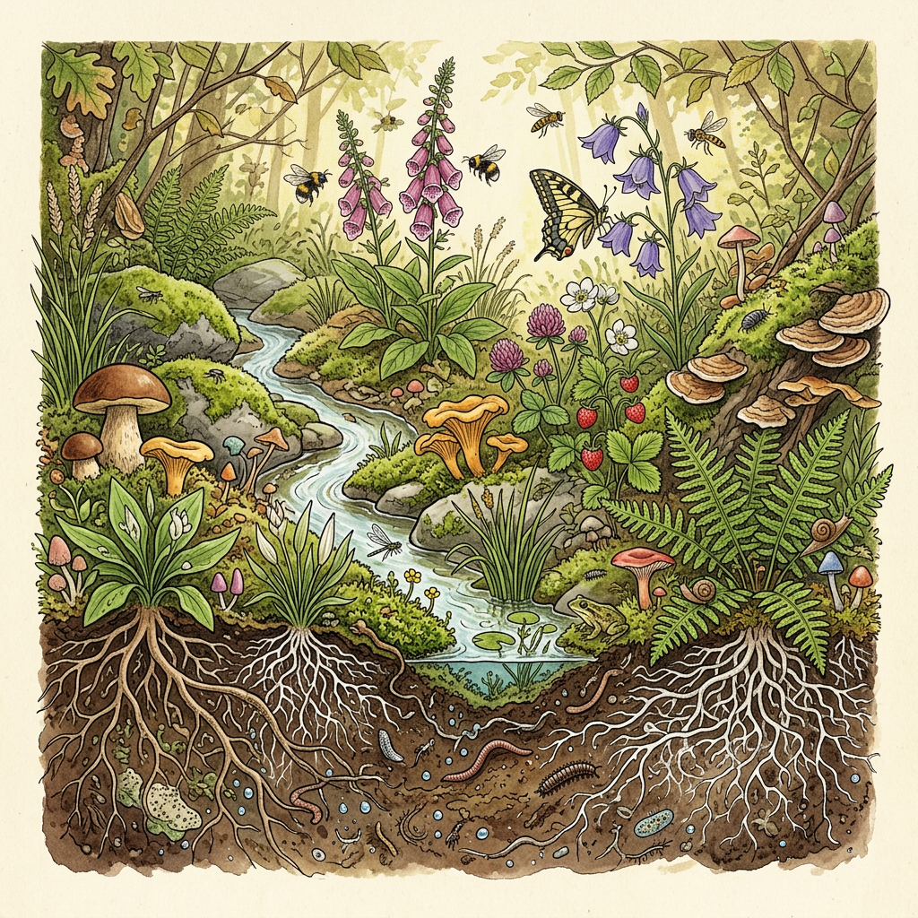 Illustrated forest stream ecosystem with plants, animals, fungi, and visible roots underground