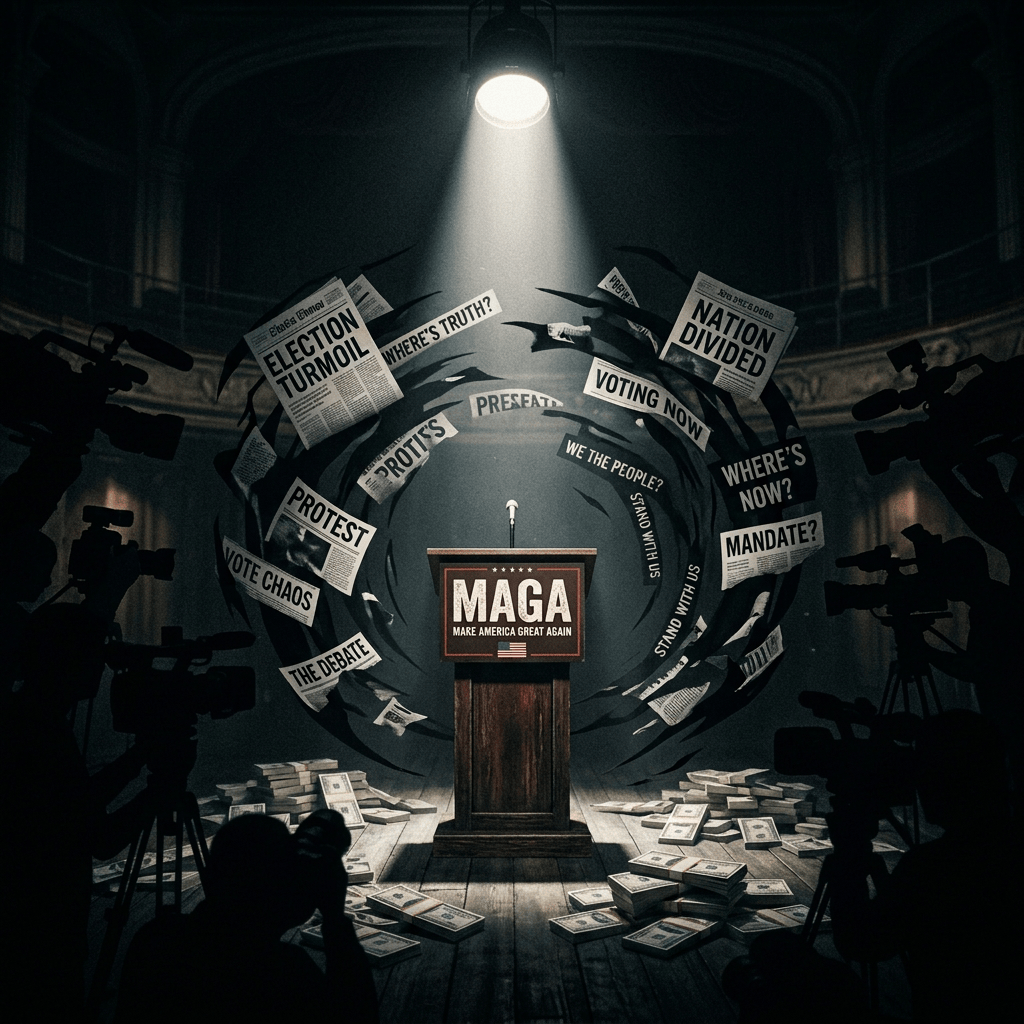 Podium labeled MAGA, surrounded by headlines reading Election Turmoil, Nation Divided, Voting Now, Protest, and Vote Chaos.