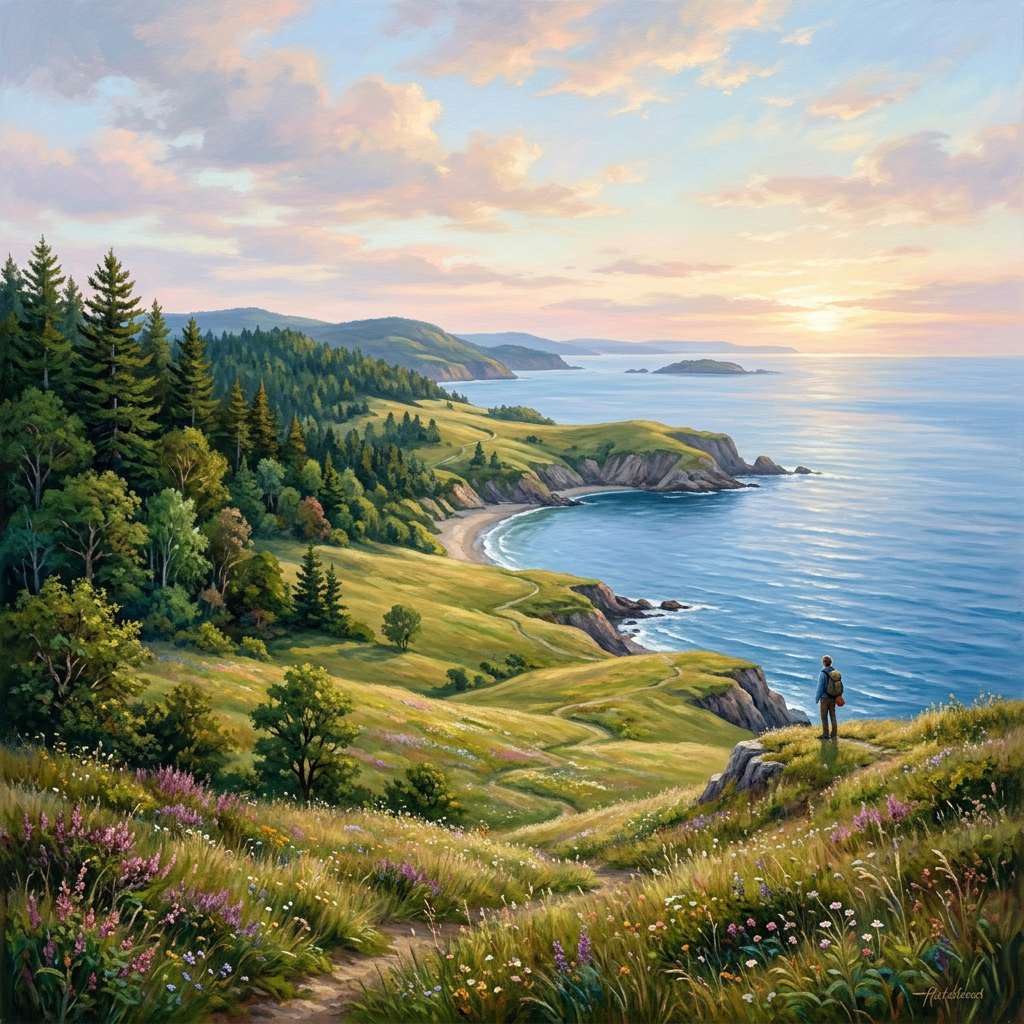 Lone hiker overlooking a flower-covered coastal landscape at sunset