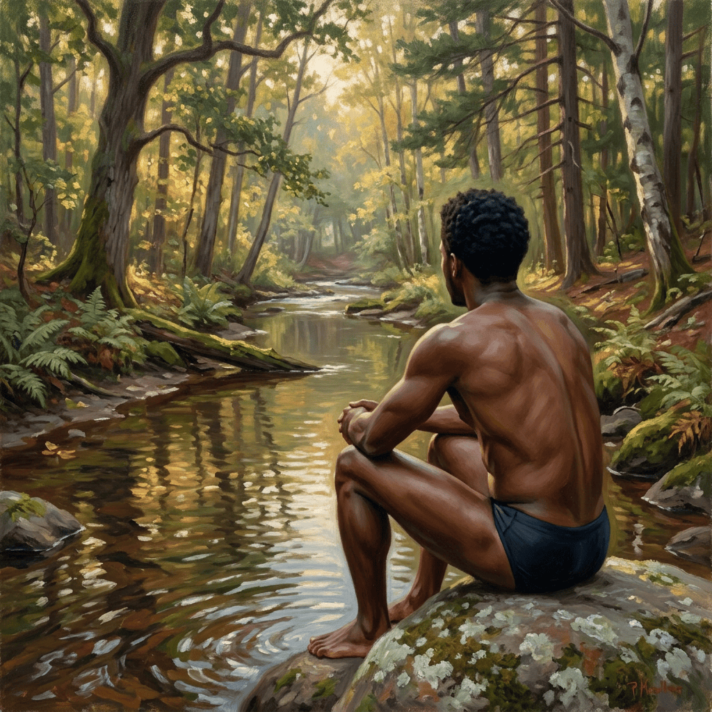 Nude man sitting on a rock beside a forest creek