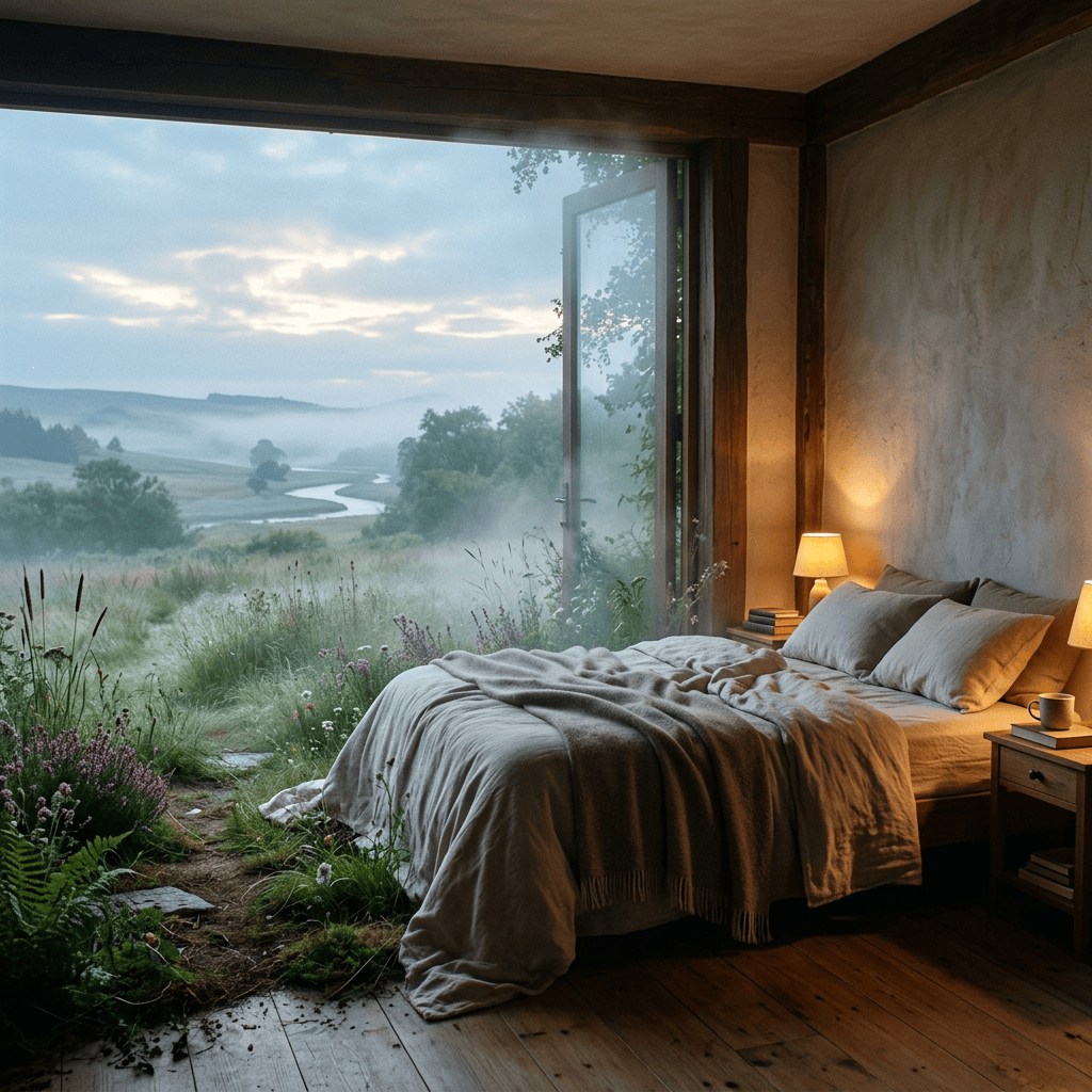 Cozy bedroom with open glass doors overlooking a misty river valley